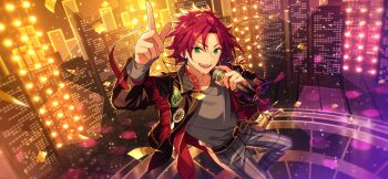 1boy arm_up bangs_pinned_back belt black_belt chain confetti curtained_hair ensemble_stars! feature_scout_2_(ensemble_stars!) fingernails game_cg green_eyes grey_shirt hair_ornament hairclip hand_up happy_elements holding holding_microphone isara_mao jacket layered_clothes long_sleeves looking_at_viewer microphone official_art open_clothes open_jacket open_mouth pants plaid_clothes plaid_pants red_hair shirt short_hair smile sweat teeth third-party_source upper_teeth_only