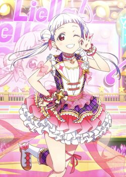 1girl ;) arashi_chisato arm_bow artist_name artist_request bare_legs bare_shoulders blush boots bow bracelet breasts checkered_clothes checkered_skirt choker collarbone detached_collar double_bun dress earrings epaulettes female_focus floating_hair flower frilled_cuffs frilled_skirt frills hair_bow hair_bun hair_tie hand_on_own_hip heart heart_earrings heart_necklace highres jewelry leg_ribbon long_hair looking_at_viewer love_live! love_live!_school_idol_festival love_live!_superstar!! miniskirt nail_(hardware) nail_polish necklace ok_sign on_stage one_eye_closed parted_lips pearl_bracelet pink_bow pink_choker pink_nails pink_ribbon pink_skirt plaid_clothes plaid_dress plaid_skirt pleated pleated_dress pleated_skirt purple_dress purple_ribbon purple_skirt red_eyes ribbon skirt sleeveless sleeveless_dress smile solo sparkle_print stage stage_lights standing standing_on_one_leg striped_bow striped_ribbon teeth twintails wavy_hair white_boots white_bow white_detached_collar white_dress white_flower white_hair white_ribbon white_skirt white_wrist_cuffs wink wrist_cuffs yellow_bow