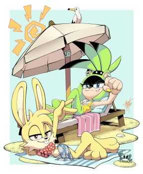 1boy 1girl absurdres adam_bryce_thomas animal_ears beach_umbrella bird blue_eyes commentary commission crab ear_piercing english_commentary furry furry_female furry_male highres looking_at_viewer nail_polish original piercing rabbit_boy rye_the_rabbit_(rye_guy) sand seagull shell smile sonic_(series) sonic_the_hedgehog_(idw) surge_the_tenrec swimsuit tenrec_girl toes umbrella yellow_eyes yellow_nails
