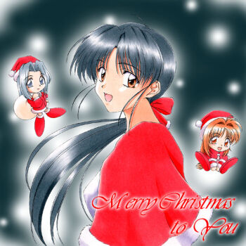 3girls black_hair bow capelet chibi christmas closed_mouth coat curtained_hair english_text fur-trimmed_capelet fur-trimmed_coat fur_trim grey_hair hair_bow hair_intakes hayami_mei_(yuuki_shino) holding holding_sack long_hair looking_at_viewer looking_to_the_side low_ponytail merry_christmas mitsuki_raimu_(yuuki_shino) multiple_girls open_mouth orange_eyes orange_hair original ponytail red_bow red_capelet red_coat red_shoes sack shoes smile snowing upper_body yuuki_hina_(yuuki_shino) yuuki_shino