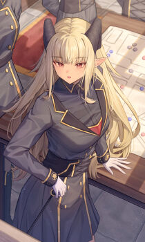 1girl absurdres arm_support black_coat black_shirt black_skirt blonde_hair carpet coat corset elf gloves highres horns isana615 long_hair map meeting military_uniform open_mouth original pointy_ears red_eyes serious shirt skirt stone_floor table very_long_hair white_gloves
