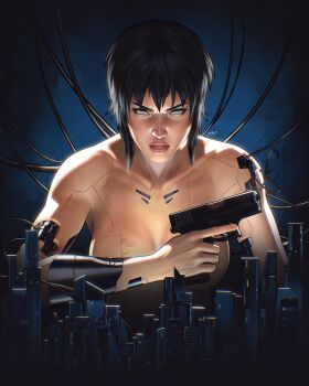 1girl absurdres black_hair blue_background blue_eyes cable clip_studio_paint_(medium) close-up commentary convenient_arm convenient_censoring cyberpunk cyborg dalejomej english_commentary exposed_internal_machinery ghost_in_the_shell gun handgun highres kusanagi_motoko looking_at_viewer mechabare nude painterly science_fiction serious short_hair simple_background skyline subdermal_port upper_body weapon western_comics_(style) wire