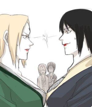 4girls black_hair blonde_hair breast_press breasts dual_persona facial_mark fishnets forehead_mark glasses japanese_clothes large_breasts may_c multiple_girls naruto:_road_to_ninja naruto_(series) naruto_shippuuden red_lips shaded_face shizune_(naruto) smile symmetrical_docking third-party_source tsunade_(naruto)