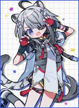 Rule 34 | 1girl, :d, ahoge, arknights, arknights: endfield, black skirt, blue eyes, cowboy shot, cropped legs, diamond-shaped pupils, diamond (shape), eyepatch, fang, fingerless gloves, gloves, grey hair, grey socks, hashtag-only commentary, head tilt, highres, looking at viewer, medium hair, one eye covered, open mouth, osakana forever, red gloves, shoes, single horizontal stripe, skirt, smile, sneakers, snow leopard ears, snow leopard tail, socks, solo, standing, standing on one leg, star (symbol), symbol-shaped pupils, tail, tangtang (arknights), thigh strap, vest, white shoes