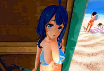 1girl 3d against_wall alternate_hairstyle animated averting_eyes bikini bikini_top_lift blue_bikini blue_eyes blue_hair bouncing_breasts breasts cleavage clothes_lift edmond half-closed_eyes highres jiggle koikatsu_(medium) komari_chika large_breasts lifting_own_clothes looking_at_viewer make_heroine_ga_oo_sugiru! medium_hair navel nervous nipples ponytail presenting smile solo swimsuit tagme video yakishio_lemon yanami_anna