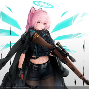 1girl abs absurdres ambriel_(arknights) arknights belt black_belt black_coat black_gloves black_pantyhose black_shirt black_shorts blue_halo body_armor bolt_action brown_pantyhose center-flap_bangs closed_mouth coat coat_on_shoulders commentary commission cowboy_shot cropped_shirt english_commentary english_text food gloves gun hair_intakes hair_ribbon halo highres holding holding_food holding_gun holding_pocky holding_weapon lavriell lee-enfield long_hair looking_at_viewer midriff mouth_hold navel pantyhose pink_hair pixiv_commission pocky ponytail purple_eyes purple_ribbon ribbon rifle scope shirt shorts simple_background sniper_rifle standing thigh_belt thigh_strap twitter_username weapon white_background wings