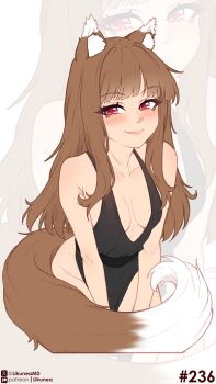 1girl absurdres alternate_costume animal_ear_fluff animal_ears bare_shoulders black_dress blunt_bangs blush breasts brown_hair cleavage closed_mouth commentary dress english_commentary fang highres holo leaning_forward likunea long_hair looking_at_viewer medium_breasts patreon_logo patreon_username red_eyes revealing_clothes side_slit sidelocks simple_background sleeveless sleeveless_dress small_breasts smile solo solo_focus spice_and_wolf tail thighs twitter_username twitter_x_logo wolf_ears wolf_girl wolf_tail zoom_layer