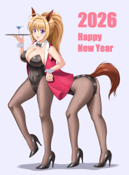 2026 2girls absurdres ahoge animal_ear_hairband animal_ears black_leotard black_pantyhose black_shoes blonde_hair blue_eyes bow bowtie breasts centaur cleavage commentary_request detached_collar fake_animal_ears fishnet_pantyhose fishnets hairband happy_new_year hiding high_heels highres horse_ears horse_tail kishi_nisen large_breasts leotard long_hair multiple_girls new_year nontraditional_playboy_bunny original pantyhose rabbit_tail red_vest shoes strapless strapless_leotard tail taur tray vest