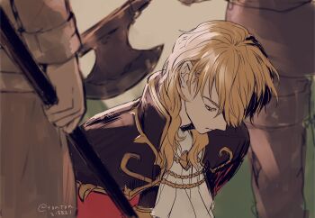 1boy ascot axe black_cape blonde_hair blurry blurry_background blurry_foreground cape closed_mouth coat colored_eyelashes eldigan_(fire_emblem) execution fire_emblem fire_emblem:_genealogy_of_the_holy_war gold_trim hair_between_eyes head_down high_collar holding holding_axe holding_polearm holding_weapon imminent_death long_hair long_sleeves looking_down nintendo out_of_frame outdoors polearm red_coat scene_reference signature spoilers tonton318831 weapon white_ascot wolf_cut yellow_eyes