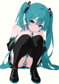 1girl absurdres aqua_eyes aqua_hair aqua_trim bare_shoulders black_sleeves black_thighhighs commentary_request detached_sleeves dot_nose full_body futatunoniji grey_shirt hair_between_eyes hair_intakes hair_ornament hands_on_own_knees hatsune_miku headset highres light_blush long_hair looking_at_viewer panties shirt shoulder_blush simple_background sleeveless sleeveless_shirt smile solo squatting striped_clothes striped_panties thighhighs twintails underwear very_long_hair vocaloid white_background