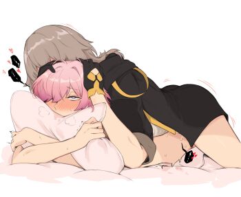 1futa 1girl absurdres bad_id bad_twitter_id bed_sheet black_gloves black_jacket blue_eyes blush clothed_sex couple futa_with_female futanari girl_on_top gloves grey_hair hair_between_eyes hair_over_one_eye half-closed_eyes hands_on_another&#039;s_head head_grab heart highres holding holding_pillow honkai:_star_rail honkai_(series) hugging_object implied_futanari jacket long_hair lying lying_on_person march_7th_(honkai:_star_rail) medium_hair on_stomach pillow pillow_hug pink_hair prone_bone rolling_eyes sex sex_from_behind shirt simple_background soulnark speech_bubble stelle_(honkai:_star_rail) trailblazer_(honkai:_star_rail) trembling white_background white_shirt