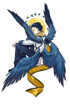 1boy black_hair black_wings blue_eyes gekkoukan_high_school_uniform hair_slicked_back highres long_scarf long_sleeves mochizuki_ryouji mole mole_under_eye moon pants persona persona_3 rrrrrrrrrrrou1 scarf school_uniform shirt short_hair simple_background smile suspenders white_shirt wings yellow_scarf