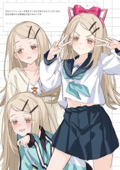 1girl :d animal_ear_hairband animal_ears black_skirt blush bow breasts brown_hair cat_ear_hairband cat_ears closed_mouth collarbone colored_eyelashes cowboy_shot double_v fake_animal_ears gakuen_idolmaster hair_bow hair_ornament hairband hairclip hands_up highres idolmaster kuramoto_beta-carotene long_hair long_sleeves looking_at_viewer multiple_views navel neckerchief open_mouth orange_eyes parallel_hairclips parted_bangs pleated_skirt red_bow sailor_collar school_uniform serafuku shinosawa_hiro shirt sidelocks skirt sleeves_past_wrists smile solo standing sweat translation_request v white_shirt