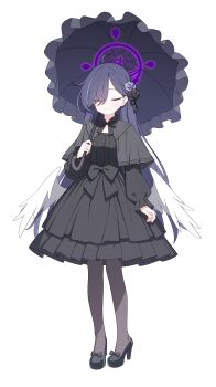 1girl absurdres ahoge arm_at_side black_bow black_bowtie black_capelet black_dress black_flower black_shoes blue_archive blush bow bowtie capelet closed_eyes closed_mouth dress eyes_visible_through_hair facing_viewer feathered_wings flower footwear_bow frilled_dress frilled_umbrella frills full_body gothic_lolita grey_pantyhose hair_flower hair_ornament hair_over_one_eye halo high_heels highres holding holding_umbrella jyt large_variant_set lolita_fashion long_hair long_sleeves low_wings original pantyhose puffy_long_sleeves puffy_sleeves purple_flower purple_hair purple_halo purple_umbrella shoes simple_background smile solo split_mouth standing straight_hair sweatdrop tachi-e transparent_background umbrella variant_set white_wings wings