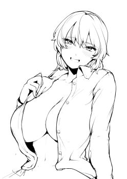 1girl blush breasts commentary_request greyscale kazami_yuuka large_breasts lineart looking_at_viewer monochrome naked_shirt navel open_clothes open_mouth open_shirt sadahiro_(chicken_nugget_gyuuniku_aji) shirt short_hair simple_background smile solo touhou upper_body