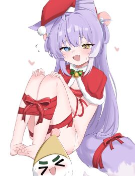 >_< 1girl animal_ears arm_ribbon barefoot blue_eyes blush bound bound_legs capelet chest_ribbon embarrassed fang flat_chest flying_sweatdrops fox_ears fox_girl fox_tail full_body fur-trimmed_capelet fur_trim furrowed_brow hair_ornament hands_on_own_knees hat heart heterochromia highres inari_(tenko_shibuki) long_hair looking_at_viewer multicolored_hair panties pom_pom_(clothes) pom_pom_hair_ornament purple_hair raised_inner_eyebrows red_capelet red_hat ribbon ribbon_bondage santa_hat simple_background sitting stellive sweat tail tail_ornament tail_ribbon tenko_shibuki two-tone_hair underwear virtual_youtuber white_background white_hair white_panties yellow_eyes yeou_kkoli