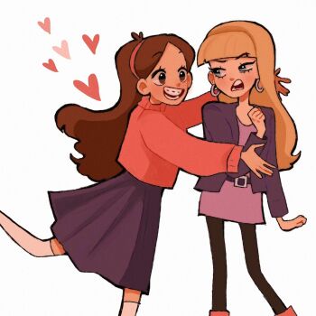 2girls blonde_hair blue_eyes blunt_bangs braces brown_eyes brown_hair dress earrings gravity_falls hairband highres hoop_earrings jewelry long_hair long_sleeves mabel_pines makeup meg_ikarp multiple_girls open_mouth pacifica_northwest shirt skirt smile sweater