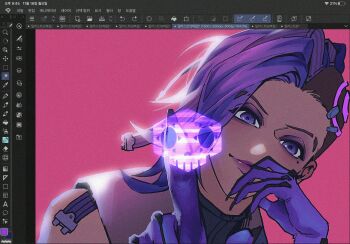 Rule 34 | 1girl, art program in frame, asymmetrical hair, cable hair, cyborg, dang oo, dark-skinned female, dark skin, eyebrow cut, eyeshadow, finger in own mouth, gloves, hands up, highres, holographic interface, looking ahead, looking at viewer, makeup, mechanical head, medium hair, mole, mole under eye, overwatch, parted lips, pink background, purple eyes, purple eyeshadow, purple gloves, purple hair, purple lips, shaved head, simple background, skull, sleeveless, sleeveless jacket, solo, sombra (overwatch)