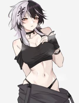 1girl alternate_costume arm_behind_back bare_shoulders black_choker black_hair black_panties black_shirt blush bra_strap breasts breath choker clothing_cutout commentary cowboy_shot crop_top english_commentary fishnets grey_hair hair_ornament hand_on_own_chest highleg highleg_panties highres hololive hololive_english hot large_breasts long_hair looking_at_viewer multicolored_hair navel nurizza_ilst panties parted_lips shiori_novella shirt short_sleeves shoulder_cutout simple_background solo split-color_hair standing steaming_body sweat two-tone_hair underwear virtual_youtuber waders white_background yellow_eyes