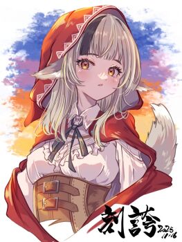 Rule 34 | 1girl, animal ears, black hair, black ribbon, blush, breasts, brown corset, brown eyes, cape, collared shirt, corset, cropped torso, fire emblem, fire emblem fates, fuussu (21-kazin), grey hair, grey tail, hood, hood up, hooded cape, long hair, long sleeves, looking at viewer, medium breasts, multicolored hair, neck ribbon, nintendo, parted lips, red hood, ribbon, shirt, solo, streaked hair, tail, two-tone hair, velouria (fire emblem), white shirt, wolf ears, wolf girl, wolf tail