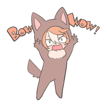 Rule 34 | 1girl, :d, animal costume, animal ears, animal hood, brown hair, chibi, commentary request, dicta striker (umamusume), eyebrows hidden by hair, fake animal ears, fake tail, fang, full body, hair between eyes, ho 1000 ka, hood, hood up, multicolored hair, open mouth, simple background, smile, solo, standing, streaked hair, tail, umamusume, umamusume: cinderella gray, v-shaped eyebrows, white background, white hair, wolf costume, yellow eyes