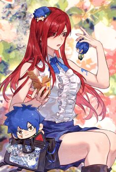1girl arm_tattoo artist_name bag blue_ribbon blue_skirt blush brown_eyes center_frills character_charm character_doll character_hair_ornament charm_(object) collared_shirt commentary_request dated doll erza_scarlet fairy_tail fairy_tail_logo frills hair_ornament hair_over_one_eye highres jellal_fernandes long_hair mystery_box neck_ribbon red_hair ribbon shirt shirt_tucked_in sitting skirt sleeveless sleeveless_shirt tattoo white_shirt xuchuan