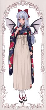1girl :d absurdres alternate_costume alternate_hair_length alternate_hairstyle bat_wings blue_hair blue_kimono border bow floral_border floral_print floral_print_kimono flower full_body gotoh_(nekocat) grey_border grey_hakama hair_bow hakama hakama_skirt highres japanese_clothes kimono long_hair long_sleeves nail_polish open_mouth pointy_ears print_kimono red_bow red_eyes red_nails remilia_scarlet rose scan skirt smile solo standing third-party_source touhou white_background wide_sleeves wings
