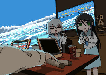1other 2girls =_= absurdres black_hair blue_neckerchief blue_sailor_collar blue_skirt blush cup drink drinking_glass emesan_desu green_eyes grey_hair highres holding holding_microphone indoors karaoke karaoke_box long_hair long_sleeves looking_to_the_side lyrics microphone multiple_girls music neckerchief open_mouth original sailor_collar school_uniform screen serafuku short_hair singing skirt sweat table tablet_pc television
