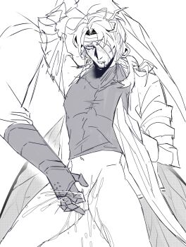 1cuntboy 2boys absurdres antennae arm_up arthropod_boy arthropod_limbs bandage_on_face bandage_over_one_eye bandaged_head bandages beard_stubble blush bottomless clitoris cockroach_boy covered_collarbone covered_pectorals cowboy_shot cum cuntboy cuntboy_focus cuntboy_with_male dripping drooling ejaculation extra_wings facial_hair female_ejaculation fingering four_wings g_corp._(identity)_(project_moon) gauntlets gregor_(project_moon) greyscale groin hair_intakes highres insect_wings jacket jing84672940 limbus_company long_hair looking_up low_ponytail male_focus meursault_(project_moon) monochrome monster_boy multiple_boys multiple_wings muscular muscular_male navel one_eye_covered orgasm out-of-frame_character out_of_frame out_of_frame_male parted_bangs parted_lips pectorals ponytail project_moon pussy_juice saliva shirt simple_background sketch skin_tight sleeves_rolled_up solo_focus standing stomach stubble taut_clothes taut_shirt thighs tight_clothes tight_shirt turtleneck turtleneck_shirt white_background wings yaoi
