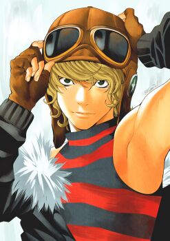 Rule 34 | 1boy, absurdres, armpits, aviator cap, aviator goggles, blonde hair, brown gloves, character request, commentary, copyright request, english commentary, fur-trimmed jacket, fur trim, gloves, green eyes, highres, jacket, male focus, nifast (greentail), obata takeshi (style), shirt, sleeveless, sleeveless turtleneck, solo, striped clothes, striped shirt, turtleneck, wavy hair, whiteboard