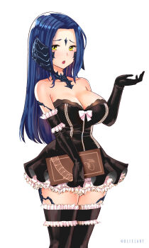 1girl absurdres au_ra warrior_of_light_(ff14) bare_shoulders black_gloves black_thighhighs blue_hair blush bow breasts cleavage collarbone elbow_gloves fictional_persona final_fantasy final_fantasy_xiv frilled_gloves frilled_thighhighs frills gloves highres holding holding_menu horns long_hair looking_at_viewer menu musical_note open_mouth simple_background solo teeth thighhighs twitter_username uliel upper_teeth_only white_background white_bow yellow_eyes