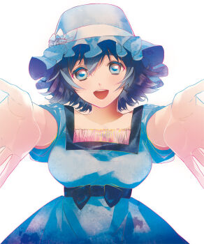 Rule 34 | 1girl, :d, aqua eyes, black bow, black hair, black trim, blue dress, blue eyes, blue hat, bow, breasts, chest bow, collar, collarbone, dress, frilled collar, frilled hat, frills, happy, hat, hug invitation, looking at viewer, medium breasts, medium hair, official art, open mouth, outstretched arms, pink frills, puffy short sleeves, puffy sleeves, reaching, reaching towards viewer, sarachi yomi, science adventure, shiina mayuri, short sleeves, simple background, smile, solo, steins;gate, tareme, teeth, upper teeth only, white background