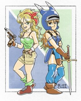2girls black_eyes blonde_hair blue_theme breasts brown_gloves brown_shoes brown_shorts camisole cleavage commentary_request creator_connection crossover curly_hair daisy_(dq) dragon_ball dragon_ball_(classic) dragon_quest dragon_quest_yuusha_abel_densetsu fake_horns gloves green_camisole green_eyes green_socks grin gun hairband helmet highres holding holding_gun holding_weapon horned_helmet horns long_hair loose_socks lunch_(bad)_(dragon_ball) lunch_(dragon_ball) medium_breasts multiple_girls orange_hair red_hairband shoes short_shorts shorts signature smile socks sword trigger_discipline weapon yusuke_chun