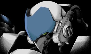 black_background commentary dark dithering english_commentary gloomflower highres industrial_pipe mecha mecha_focus no_humans pc-98_(style) power_dolls power_loader robot science_fiction signature simple_background