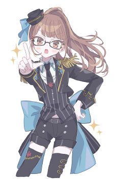 1girl belt black-framed_eyewear black_belt black_hat black_jacket black_necktie black_shorts black_thighhighs blunt_bangs brown_eyes brown_hair collared_shirt commentary_request cowboy_shot cropped_jacket cropped_legs glasses hand_on_own_hip hat highres jacket long_hair long_sleeves looking_at_viewer minami_mirei minami_mirei_(normal) mini_hat necktie open_mouth pointing pointing_at_viewer ponytail pretty_series pripara semi-rimless_eyewear shirt shorts solo standing thighhighs under-rim_eyewear uta_(utamilk) white_background white_shirt