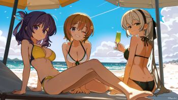 absurdres ao_no_kiseki ass barefoot beach blue_eyes blue_sky breasts brown_hair cleavage closed_mouth cloud collarbone commentary cup day drinking_glass eiyuu_densetsu elie_macdowell english_commentary flower full_body grey_hair grin hair_flower hair_ornament hepari highres holding holding_cup large_breasts looking_at_viewer navel noel_seeker one_eye_closed outdoors purple_hair rixia_mao short_hair sitting sky smile twitter_username