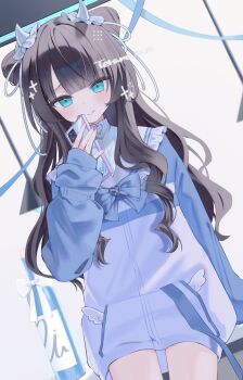 Rule 34 | 1girl, aqua eyes, blue bow, blue jacket, blunt bangs, bottle, bow, brown hair, cellphone, commentary, commission, cone hair bun, double bun, drill hair, hair bun, highres, holding, holding phone, horns, indie virtual youtuber, jacket, long hair, long sleeves, looking at viewer, nana pantzilya, phone, shirt, skeb commission, smartphone, smile, solo, terano naa, virtual youtuber, white shirt