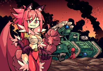 1boy 1girl 1other animal_ears animal_hands bat_wings breasts claws commentary commission crossover english_commentary folded_wings fur_collar highres large_breasts lion_ears lion_paw manticore_(monster_girl_encyclopedia) monster_girl monster_girl_encyclopedia monster_girl_encyclopedia_ii open_mouth pink_eyes pink_hair pixiv_commission prehensile_tail red_wings sarashi setz spread_wings tail techpriest warhammer_40k wings wrench