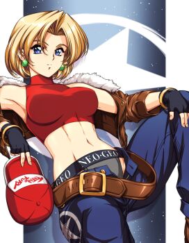 1girl absurdres baggy_pants bare_shoulders belt belt_skirt blonde_hair blue_eyes blue_mary bob_cut breasts crop_top denim fatal_fury fatal_fury_cap fingerless_gloves gloves halterneck highres large_breasts looking_at_viewer loose_belt midriff multiple_belts navel neo_geo pants parted_hair short_hair simple_background sirknightbot sleeveless sleeveless_turtleneck smile snk solo the_king_of_fighters tight_top turtleneck