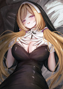 1girl absurdres aki_rosenthal alternate_breast_size_(larger) alternate_costume black_dress black_veil blonde_hair blush breasts cleavage_cutout clothing_cutout commentary_request cowboy_shot detached_collar detached_hair dress gloves guimpe hands_on_own_chest highres hololive impossible_clothes impossible_dress lace lace-trimmed_gloves lace_trim large_breasts long_hair looking_at_viewer low_twintails lying mito_soosu nervous_sweating nun on_back on_bed open_mouth pillow purple_eyes sleeves_rolled_up smile solo steepled_fingers sweat twintails veil virtual_youtuber wavy_mouth white_background white_gloves