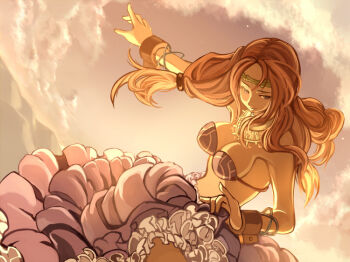 1girl arm_up bad_id bad_pixiv_id bare_shoulders blue_eyes bra breasts circlet closed_mouth cloud cuffs dancer desert dutch_angle expressionless floating_hair frilled_skirt frills gypsy hair_ornament hair_scrunchie harusame_(rueken) jewelry large_breasts long_hair midriff orange_hair orange_sky outdoors outstretched_arm parted_bangs pointing pointing_to_the_side purple_skirt scrunchie shackles shauna_(soul_cradle) skirt skirt_hold sky solo soul_cradle standing underwear