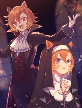 1girl animal_ears ascot beads black_coat black_dress black_jacket black_veil blush breasts coat coif commentary_request cross dress ear_covers ears_through_headwear gloves hair_between_eyes halloween halloween_costume highres horse_ears horse_girl horse_tail jacket latin_cross nnmkmwakaranai nun open_mouth orange_hair orange_tail own_hands_clasped own_hands_together pants popped_collar prayer_beads praying purple_eyes red_eyes red_vest shirt short_hair single_ear_cover smile t.m._opera_o_(umamusume) tail teeth traditional_nun umamusume upper_teeth_only veil vest white_ascot white_shirt