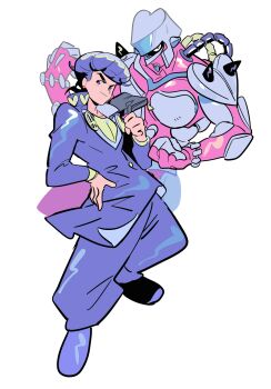 Rule 34 | 1boy, 1other, absurdres, bag, black bag, black hair, blue jacket, blue pants, clenched hand, closed mouth, collared coat, commentary request, crazy diamond, diamond wa kudakenai, gakuran, gogeyama, hand on own hip, heart, higashikata josuke, highres, holding, holding bag, jacket, jojo no kimyou na bouken, layered sleeves, long sleeves, looking to the side, male focus, pants, pompadour, popped collar, school uniform, shirt, shoes, sideways glance, simple background, smile, white background, yellow shirt