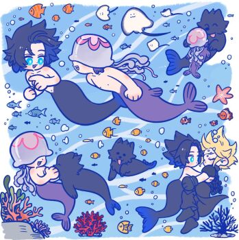 105zz 3boys air_bubble armor black_boots black_cape black_gloves black_hair black_pants blonde_hair blue_eyes boots bubble cape closed_eyes cloud_strife coral covered_eyes crisis_core:_final_fantasy_vii dog final_fantasy final_fantasy_vii final_fantasy_vii:_advent_children fins fish fish_tail full_body gloves jellyfish jellyfish_boy kunsel male_focus manta_ray merman monster_boy multiple_boys multiple_views open_mouth pants parted_lips pauldrons seaweed short_hair shoulder_armor single_pauldron smile spiked_hair tail topless_male underwater waist_cape zack_fair