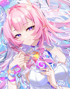 1girl absurdres armlet bare_shoulders blue_nails breasts chinese_commentary closed_mouth commentary_request cyrene_(honkai:_star_rail) cyrene_(ripples_of_past_reverie)_(honkai:_star_rail) dated diamond-shaped_pupils diamond_(shape) dress fingernails flower hair_flower hair_ornament hands_up highres honkai:_star_rail honkai_(series) jewelry large_breasts long_fingernails long_hair looking_at_viewer lying_on_water medium_breasts nail_polish pink_hair pointy_ears purple_eyes purple_flower purple_rose rose sidelocks smile solo suyujiu_u symbol-shaped_pupils upper_body white_dress