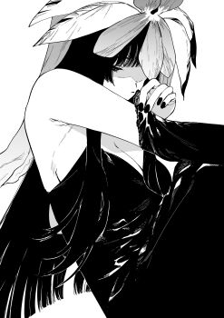 1girl absurdres asuzemu blunt_bangs breasts cleavage dress elbow_gloves flower flower_on_head gloves greyscale highres long_hair monochrome solo touhou upper_body yomotsu_hisami