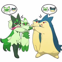 Rule 34 | :<, :d, animated, armpit carry, commentary, confrontation, dangling, error musume, evolutionary line, eye contact, fang, floragato, frown, furry, gen 2 pokemon, half-closed eyes, holding, holding pokemon, longcat (meme), looking at another, meme, meowscarada, nintendo, open mouth, pokemon, pokemon (creature), quilava, red eyes, simple background, smile, speech bubble, spoken character, standing, tagme, taro (tontaro), typhlosion, video, white background