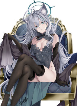 Rule 34 | 1girl, akatsuki hijiri, animal ear fluff, animal ears, bare shoulders, black gloves, black thighhighs, blue archive, blue eyes, blush, breasts, chair, cleavage, cleavage cutout, clothing cutout, commentary request, cross hair ornament, dress, elbow gloves, extra ears, gloves, grey dress, grey hair, hair ornament, halo, highres, large breasts, long hair, looking at viewer, shiroko (blue archive), shiroko terror (blue archive), sidelocks, sitting, solo, thighhighs, wolf ears