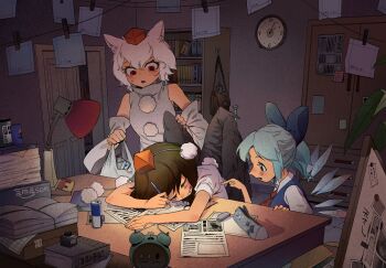 3girls alarm_clock amazon_(company) analog_clock animal_ears bag bird_wings black_eyes black_hair black_wings blue_bow blue_hair book bow can chenwei_jun chinese_commentary cirno clock commentary_request desk_lamp detached_sleeves detached_wings dress drink_can grocery_bag hair_bow hat highres holding holding_bag holding_pen ice ice_wings indoors inubashiri_momiji lamp multiple_girls newspaper open_mouth pen pencil_case pinafore_dress plant pom_pom_(clothes) puffy_short_sleeves puffy_sleeves red_eyes red_hat shameimaru_aya shirt shopping_bag short_hair short_sleeves sleeping sleeveless sleeveless_dress sweatdrop tokin_hat touhou white_hair white_shirt whiteboard wings wolf_ears wolf_girl