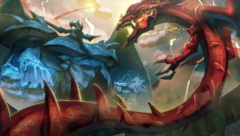 battle clenched_hands dragon duel_monster electricity extra_mouth highres obelisk_the_tormentor osiris_the_sky_dragon red_eyes sharp_teeth sonic1nstinct teeth yellow_eyes yu-gi-oh!